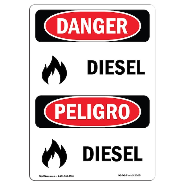 Safety Sign, OSHA Danger, 5" Height, Diesel, Bilingual Spanish, 10PK